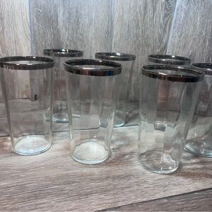 Set of 7 Vintage Clear Glass Tumblers with Silver Rim|Mid-Century Barware|Fluted